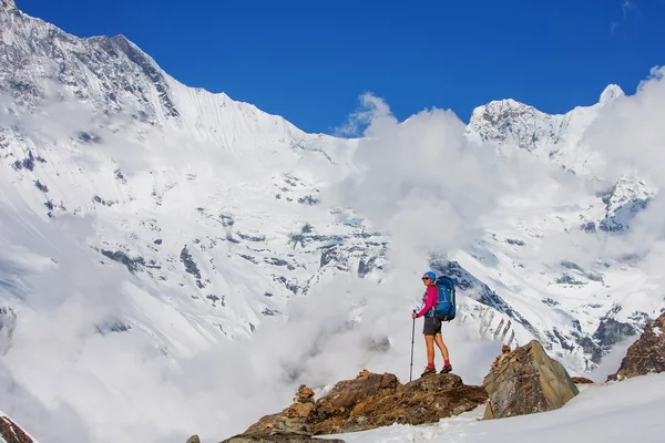 Senderista en la caminata en Himalaya, Valle de Annapurna, Nepal — Foto de Stock