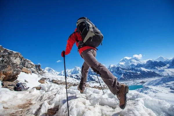 Caminhante na caminhada no Himalaia, vale do Khumbu, Nepal — Fotografia de Stock