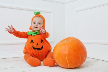 Çocuk balkabağı içinde uygun balkabağı beyaz zemin üzerine 