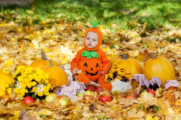 Niño en traje de calabaza sobre fondo de hojas de otoño — Foto de Stock