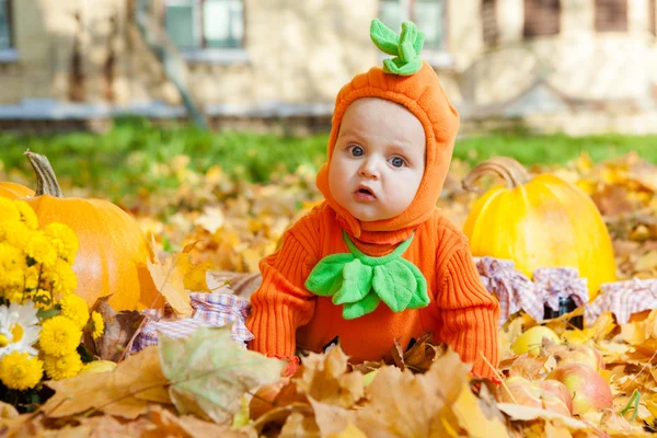 Niño en traje de calabaza sobre fondo de hojas de otoño — Foto de Stock