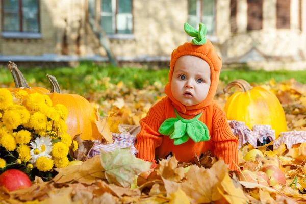 Niño en traje de calabaza sobre fondo de hojas de otoño — Foto de Stock