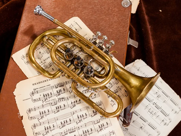 Trompeta Vintage se encuentra entre hojas de papel con notas — Foto de Stock