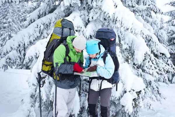 Vandrare går i snö skog — Stockfoto