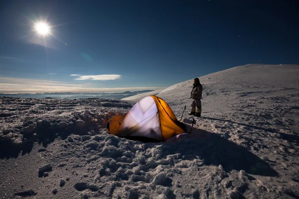 주황색 텐트 밤에 겨울 숲에서 — 스톡 사진