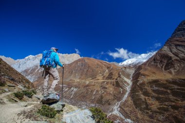 Uzun yürüyüşe çıkan kimse Trek Manaslu bölge, Nepal Himalayalar,