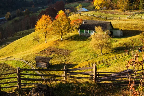 Pequena aldeia no outono montanhas dos Cárpatos — Fotografia de Stock