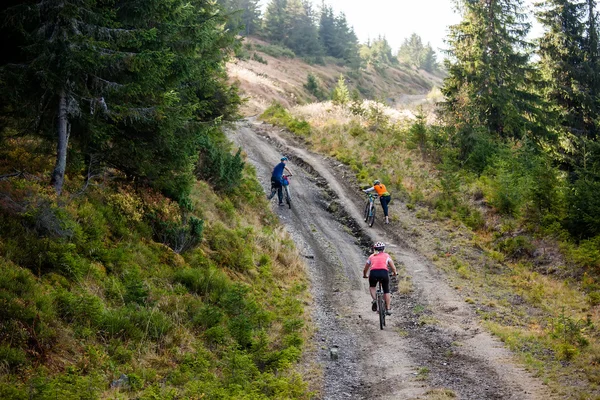 Motociclistas viajam em condições difíceis na floresta de outono — Fotografia de Stock