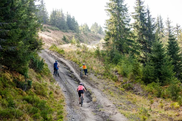 Los ciclistas viajan en condiciones difíciles en el bosque de otoño — Foto de Stock