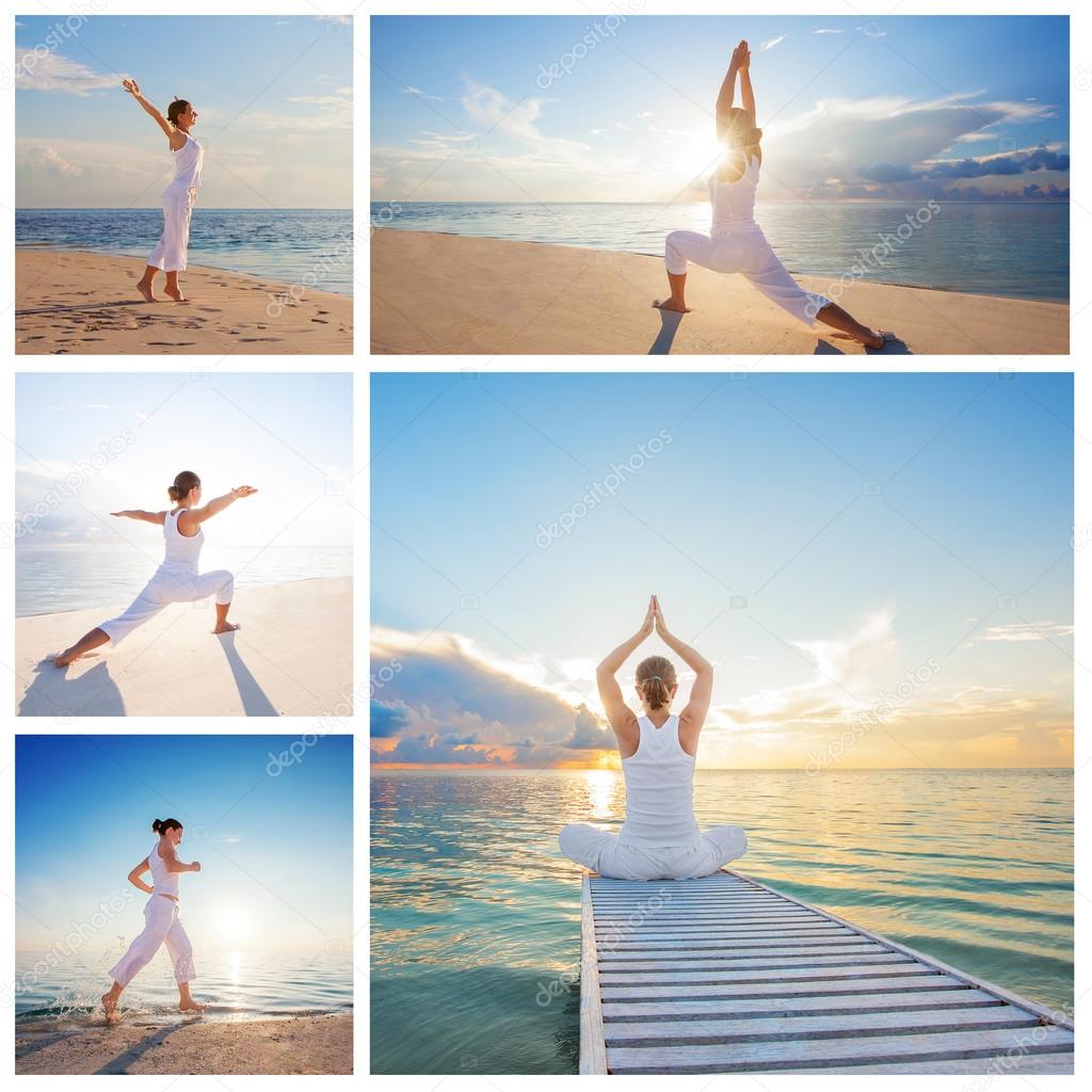 Caucasian woman practicing yoga at seashore