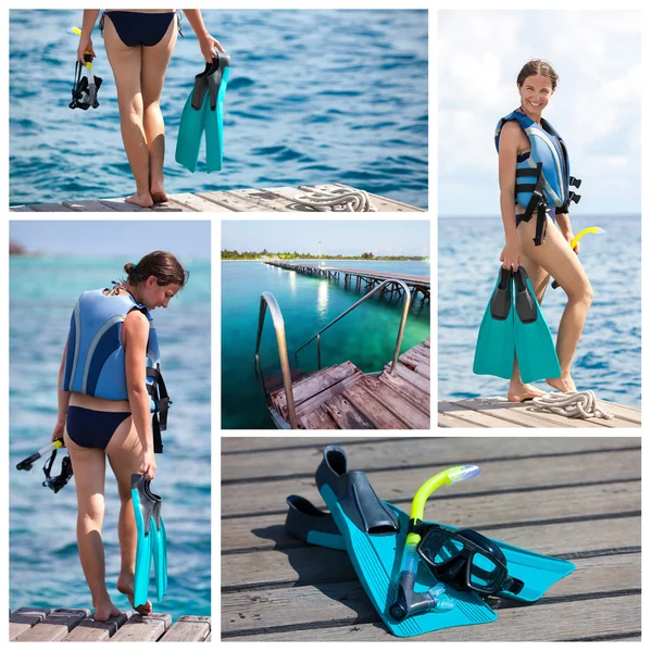 Žena se připravuje na šnorchlování nebo potápění s vybavením pro snork — Stock fotografie