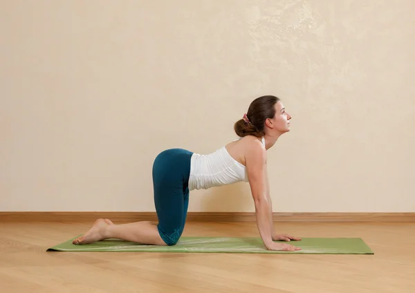 Caucasian woman is practicing yoga at studio (bidalasana) — Stock Photo, Image