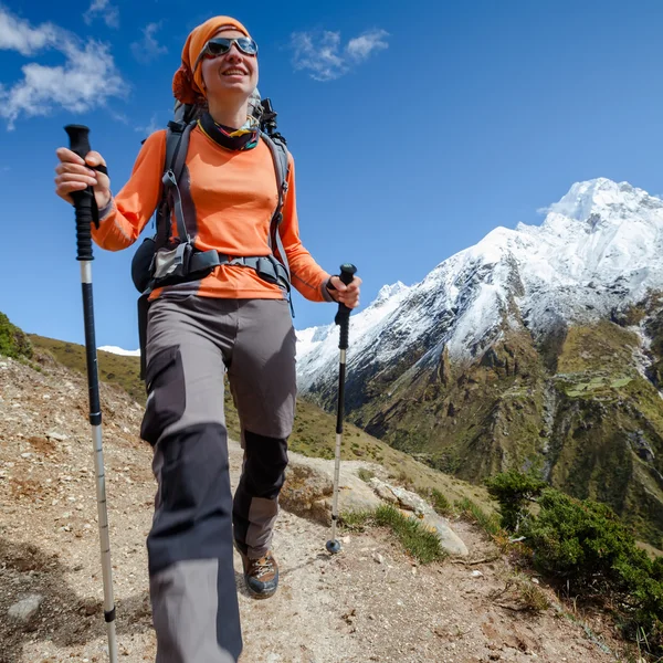 Vandrare går på tåget i Himalaya — Stockfoto