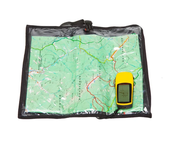 Туристическая карта и GPS на ней — стоковое фото