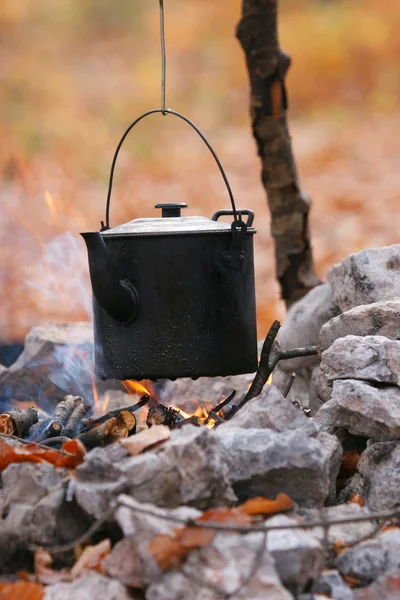 Teapot on the campfir — Stock Photo, Image