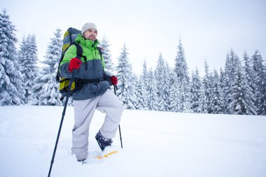 uzun yürüyüşe çıkan kimse kar ormanda yürür