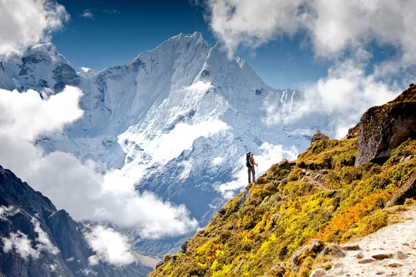히말라야 산맥에서 하이킹하는 모습 스톡 사진