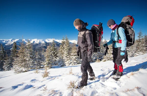 Excursionista en las montañas de invierno — Foto de Stock