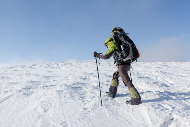 Kış Karpat dağlarında yürüyüş uzun yürüyüşe çıkan kimse