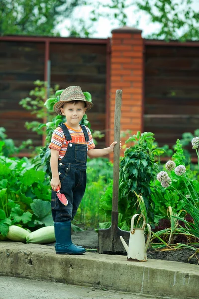 Retrato de um menino trabalhando no jardim de férias — Fotografia de Stock