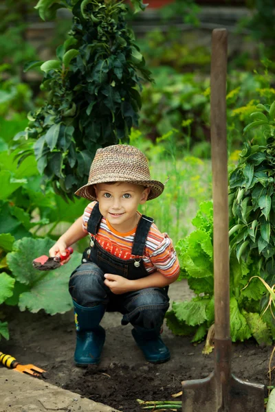 Porträtt av en pojke som arbetar i trädgården i holiday — Stockfoto