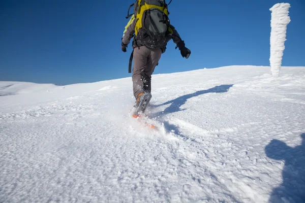 Mulher snowshoeing no inverno montanhas dos Cárpatos — Fotografia de Stock