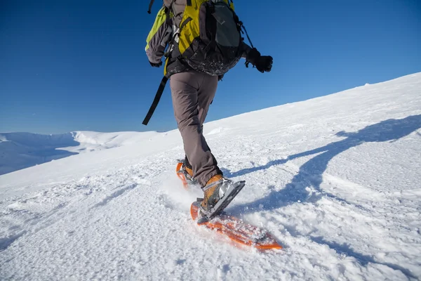 Woman snowshoeing in winter Carpathian mountains — Stock Photo, Image