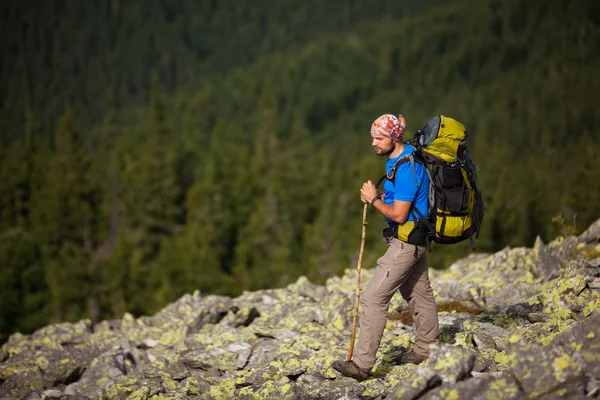 Hiker makes his way in Carpathian mountains — Stock Photo, Image