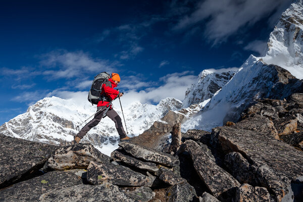 Hiker on the trek in Himalayas, Khumbu valley, Nepal