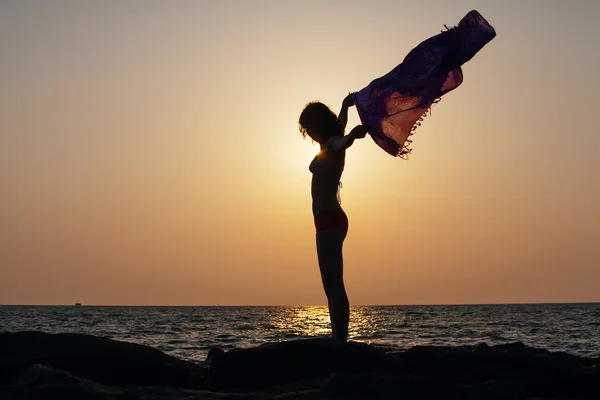 Silhueta de mulher que fica contra o pôr do sol no litoral — Fotografia de Stock