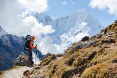 Uzun yürüyüşe çıkan kimse tren Himalayalar yürür