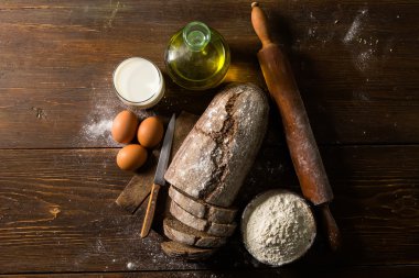Ekmek, süt ve yumurta un Still life fotoğraf