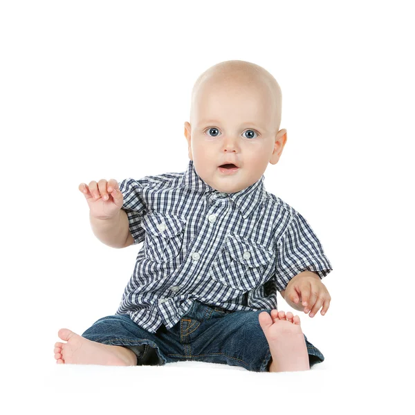 Söt baby pojke på vit bakgrund — Stockfoto
