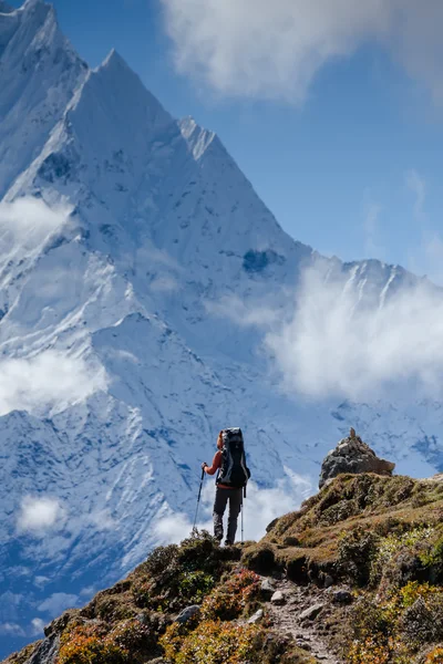 徒步旅行者走上喜马拉雅山的火车 — 图库照片