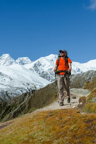 Vandrare går på tåget i Himalaya — Stockfoto