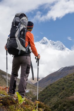 Uzun yürüyüşe çıkan kimse tren Himalayalar yürür