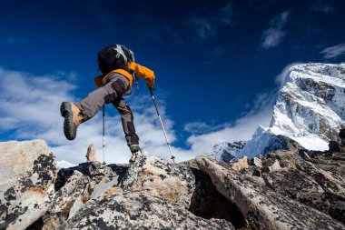 Himalaya Dağları'nda uzun yürüyüşe çıkan kimse atlar