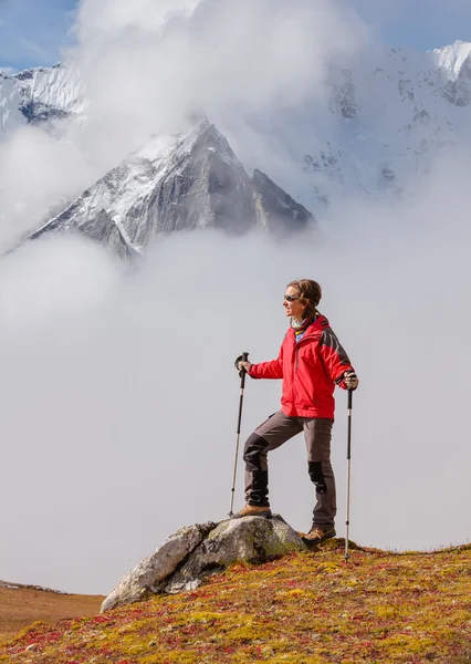 Wanderer posiert im Himalaya vor großen Bergen — Stockfoto