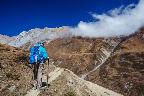 Senderista en la caminata en Himalaya, región de Manaslu, Nepal — Foto de Stock