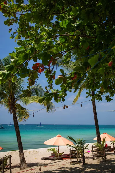 Sun payung dan kursi pantai di pantai tropis — Stok Foto