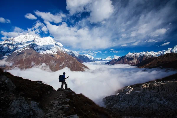 Hiker on the trek in Himalayas, Manaslu region, Nepal Stock Photo