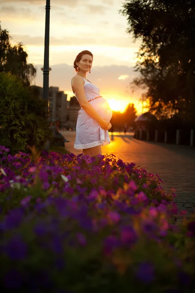Embarazada Mujer Caucásica Toma Descanso Aire Libre — Foto de Stock