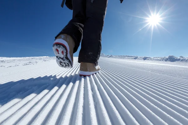 Hazır kar izleme Geor Dağları boyunca snowboard yürür — Stok fotoğraf