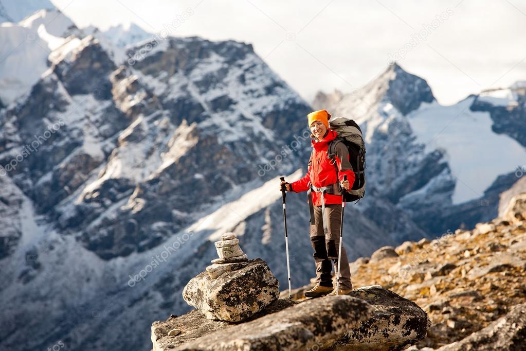 Hiker on the trek in Himalayas, Khumbu valley, Nepal