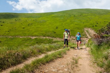 Gençler yazın Karpat dağlarında yürüyüş yapıyorlar.