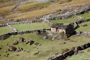 Eski Hymalayas Khumbu bölgesine Nepal evlerde taş