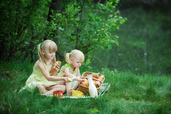 Flickor har picknick på sjön med mjölk och bullar — Stockfoto