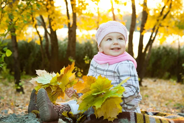 Дівчина з осіннім листям в парку краси — стокове фото