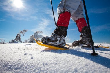 Kış dağlarında yürüyüş yapan