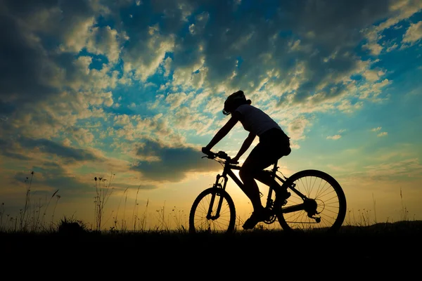 Biciklis lány a naplementében a réten — Stock Fotó